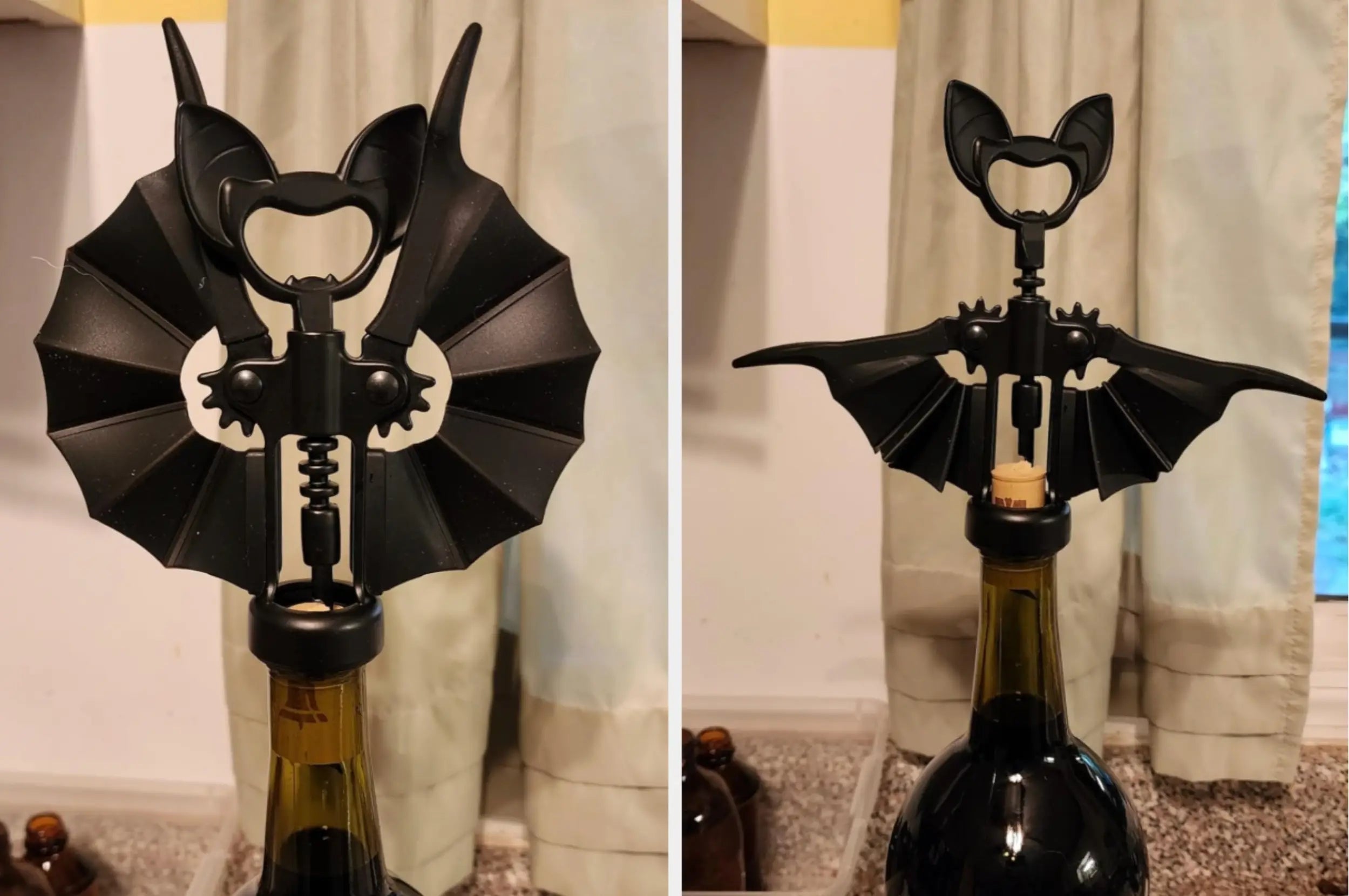 Bat-winged vessel  opener connected  a vino  bottle, demonstrating wings closed and unfastened  for a modern, spooky room  accessory