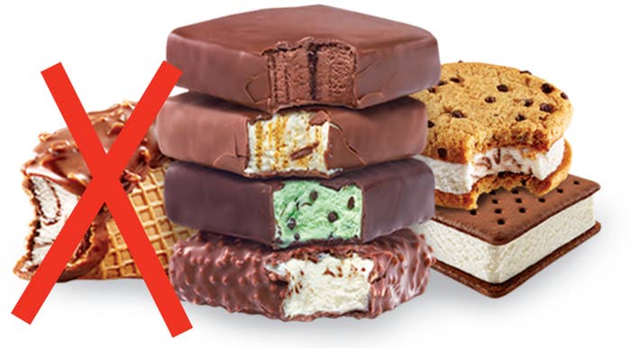 A stack of various ice cream sandwiches, each partially eaten, with a red X over the Choco Taco