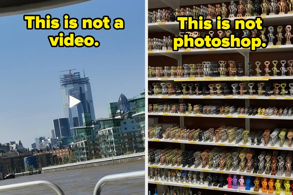 Collage: Left shows a cityscape with a play button icon labeled "This is not a video." Right displays a store shelf with many trophies labeled "This is not photoshop."