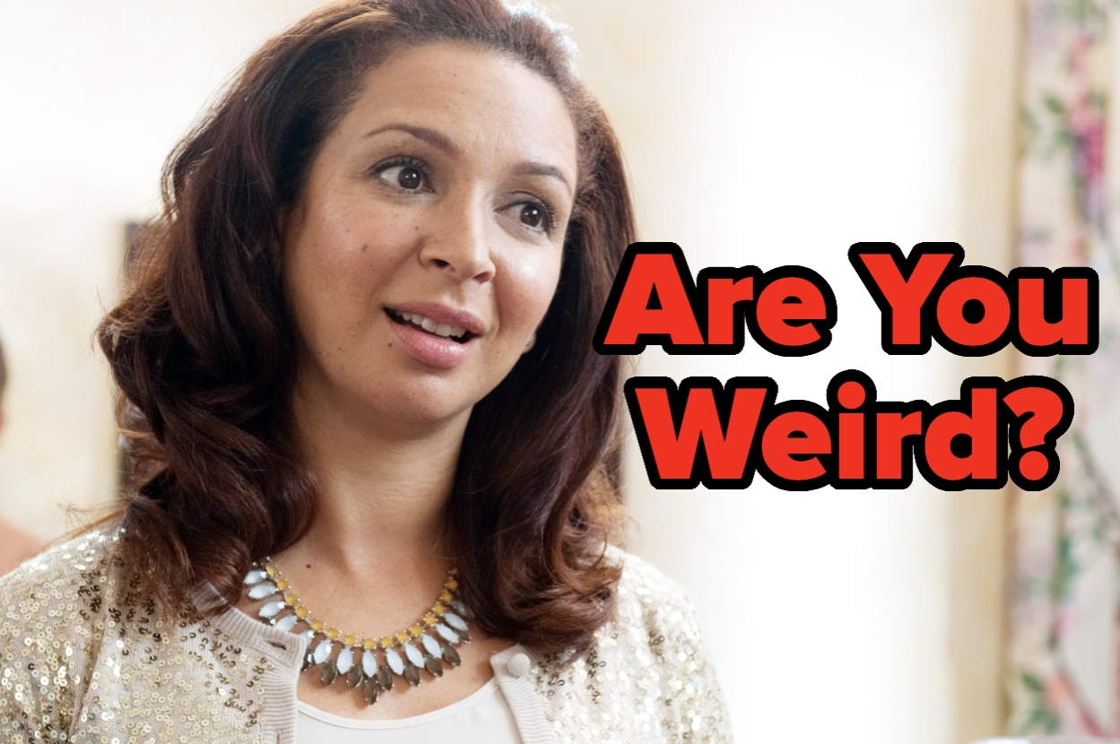 Woman in a glittery blazer looking curious, with text "Are You Weird?" on the side