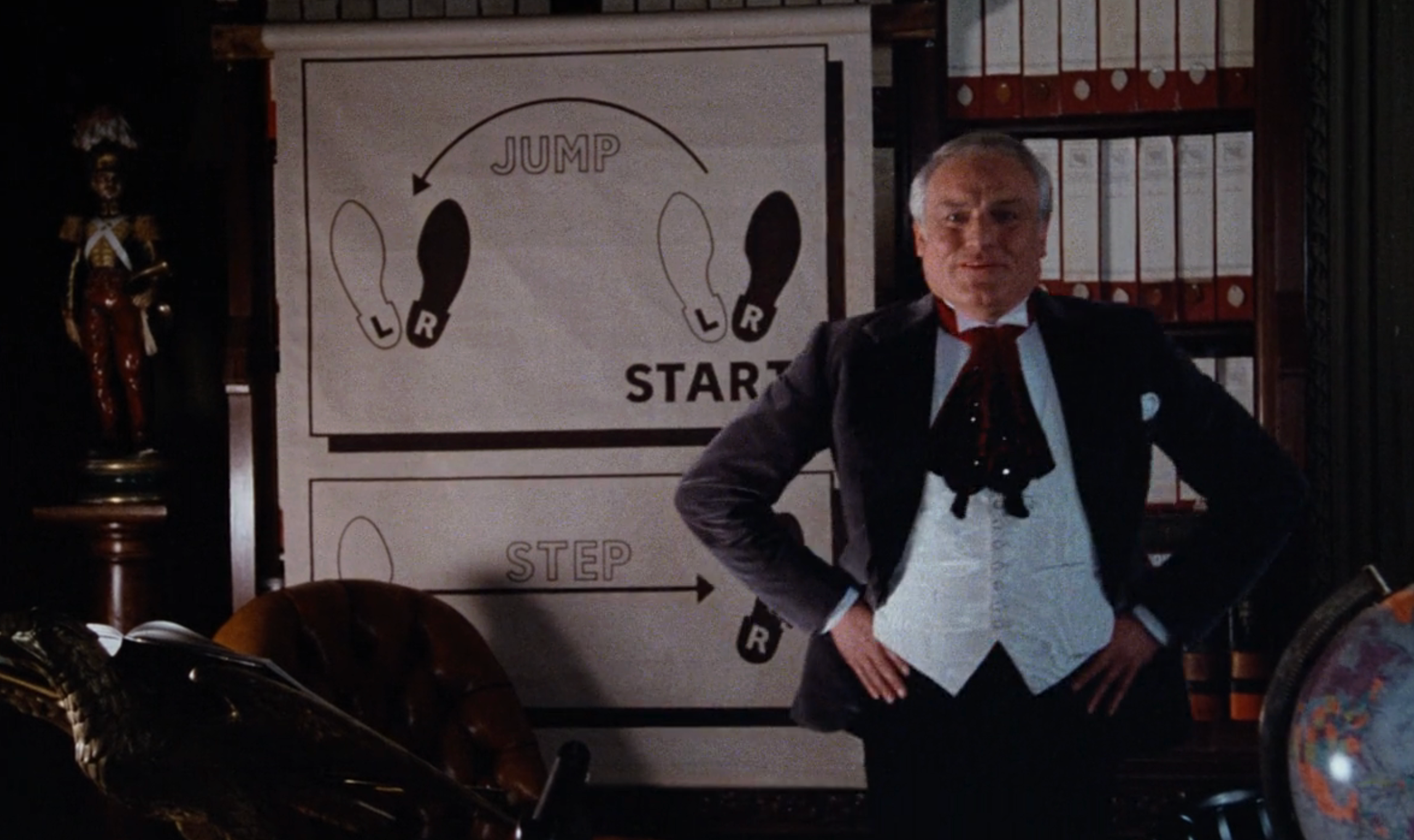 A person in formal, theatrical attire stands confidently in front of a dance instruction chart featuring "Jump" and "Step" steps