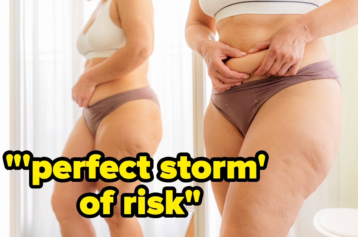 Person in underwear, looking at their body in a mirror. Overlay text reads: "'perfect storm' of risk"