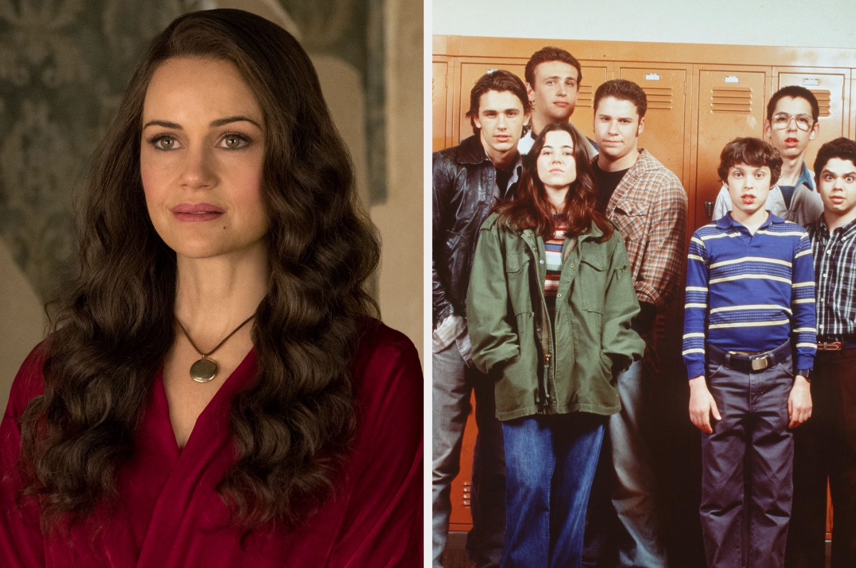 Split image of Carla Gugino in The Haunting of Hill House vs. the cast of Freaks and Geeks