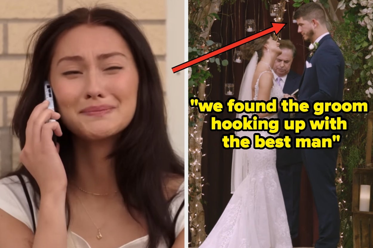 Woman cries while talking on the phone. Beside her, a groom in a suit marries a bride in a lace gown, with a text bubble revealing a shocking secret