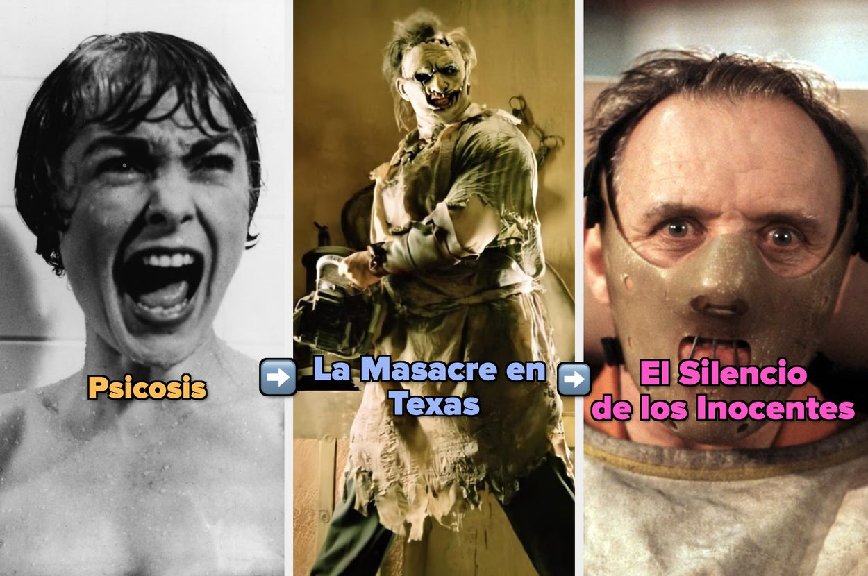 Imágenes icónicas de las películas "Psicosis," "La Masacre en Texas" y "El Silencio de los Inocentes" con sus personajes principales