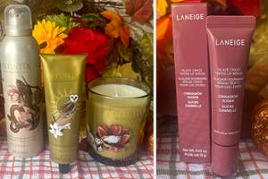Skincare and lip products displayed with fall-themed decor, featuring Intuita and Laneige brands