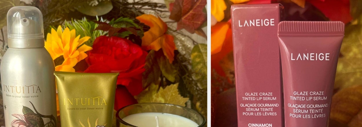 Skincare and lip products displayed with fall-themed decor, featuring Intuita and Laneige brands