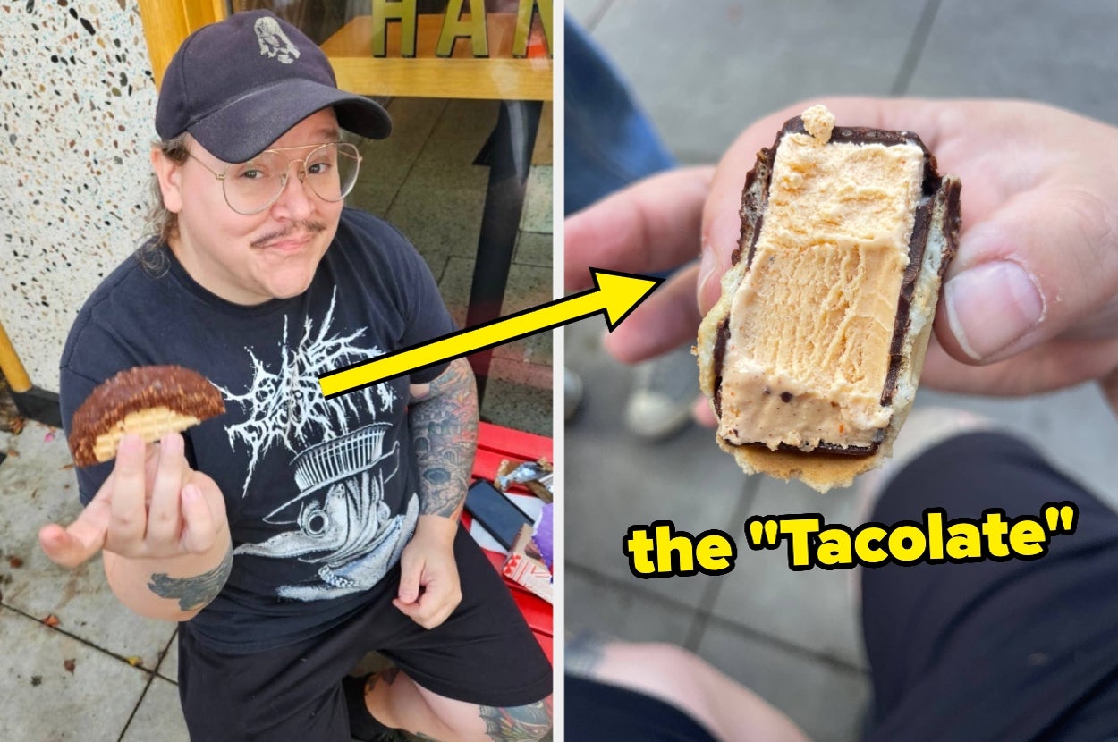 Person holding a half-eaten "Tacolate," a taco-shaped ice cream sandwich, sitting outside a food venue. Text reads: "the 'Tacolate'."