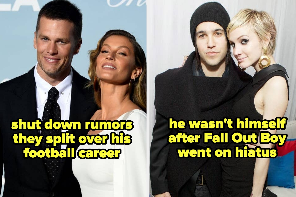 Gisele Bündchen and Tom Brady with text, "shut down rumors they split over his football career," and Pete Wentz and Ashlee Simpson with caption, "he wasn't himself after Fall Out Boy went on hiatus"