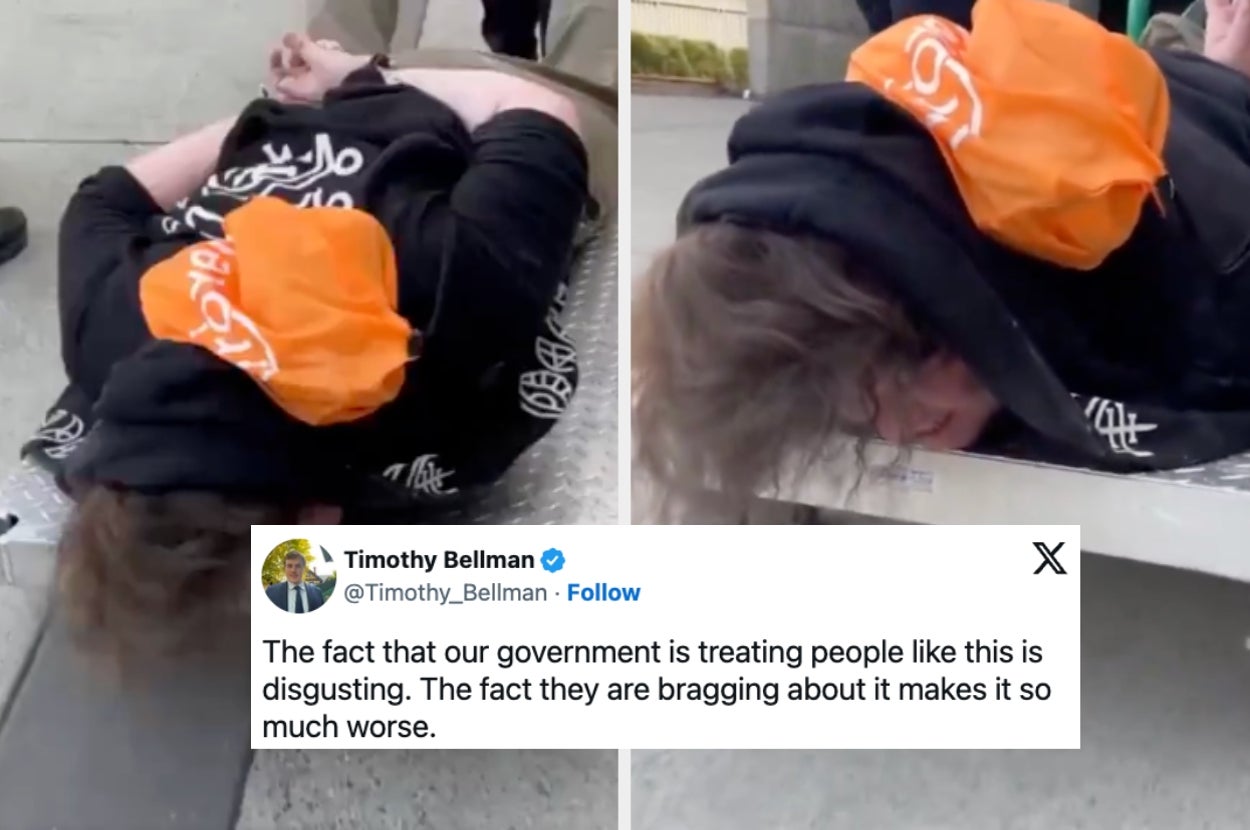 Person on ground with hands tied, wearing a hoodie and orange hood. Tweet criticizes government treatment and public bragging about it
