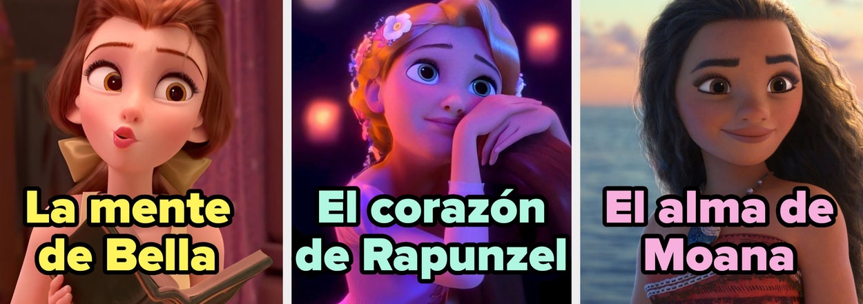 Tres princesas animadas, con texto: "La mente de Bella", "El corazón de Rapunzel" y "El alma de Moana", resaltando sus cualidades