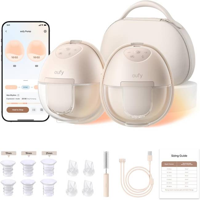 Breast pump acceptable with 2 wearable pumps, app-controlled device, accessories similar flanges and brush, and a carrying case