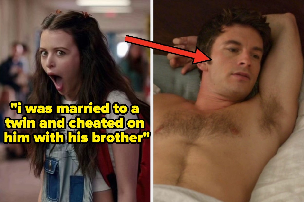 Woman looking shocked in a school hallway; shirtless man in bed; text: "I was married to a twin and cheated on him with his brother."