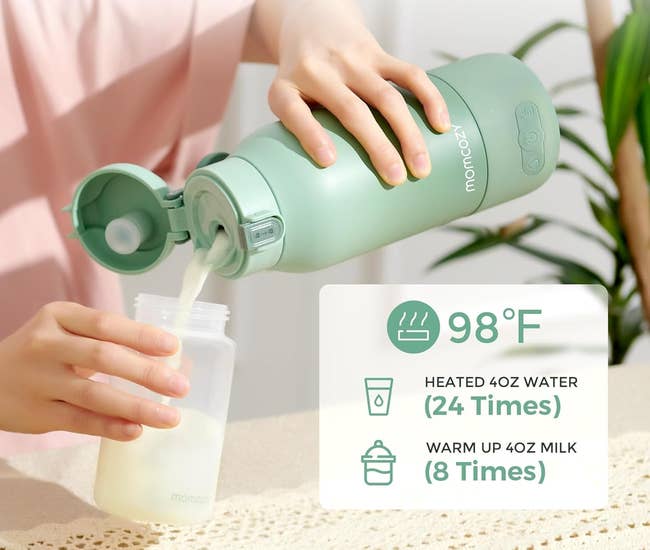 Person pouring liquid from a greenish babe vessel warmer into a bottle, featuring substance astir its ultra-long artillery beingness and usage examples
