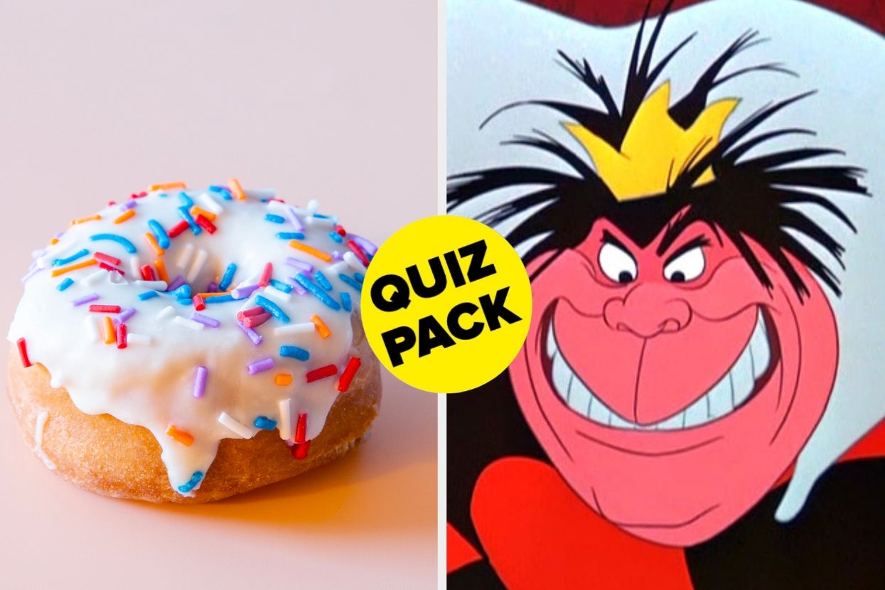Donut with sprinkles next to animated character with crown, labeled "Quiz Pack."