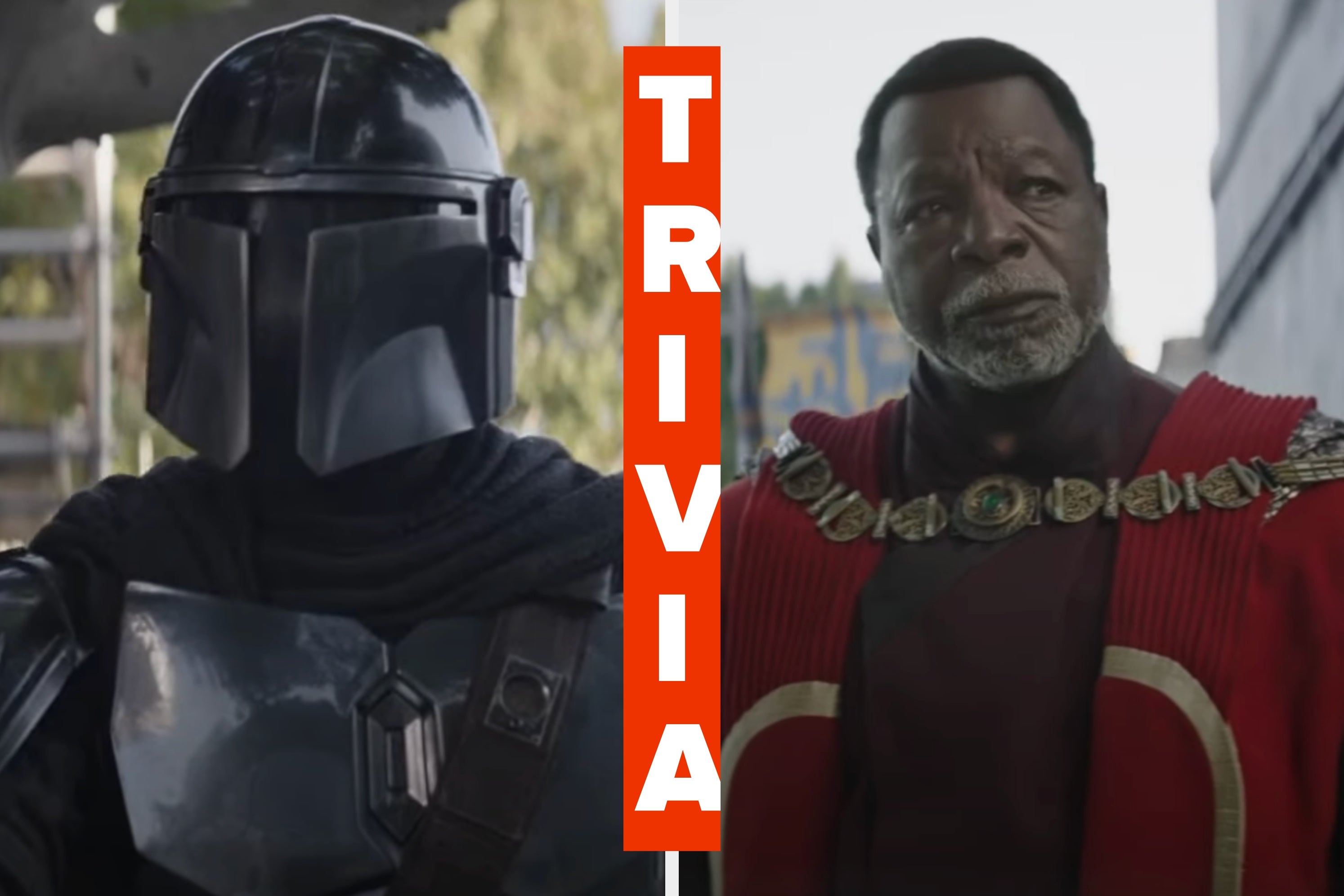 Two characters from a sci-fi TV series: one in sleek armor and helmet, the other in ornate robes with intricate necklace, both in a dramatic setting