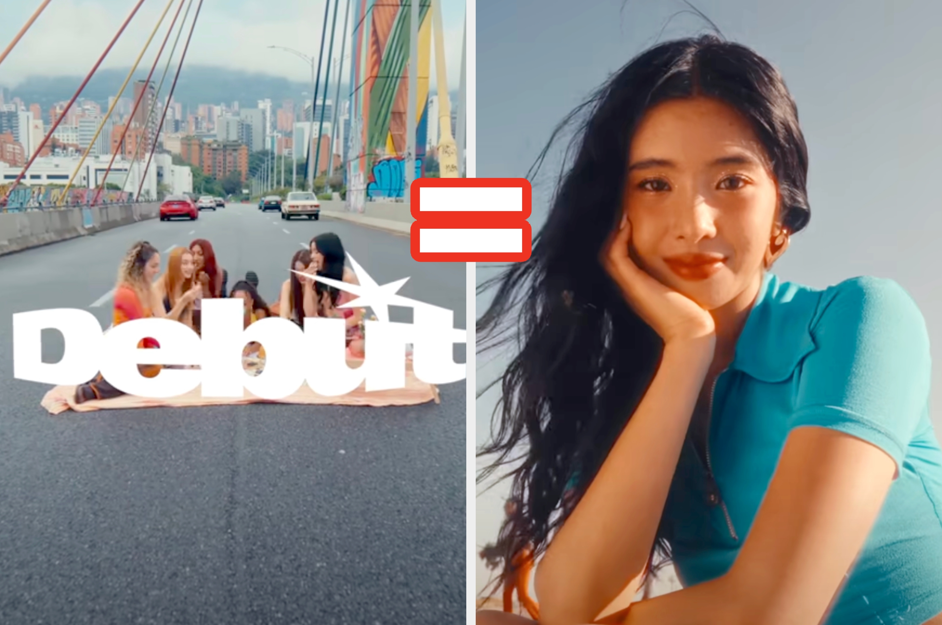 T-shirt with "KATSEYE Touch" text next to a person in stylish blue attire gesturing with fingers, suggesting a similarity