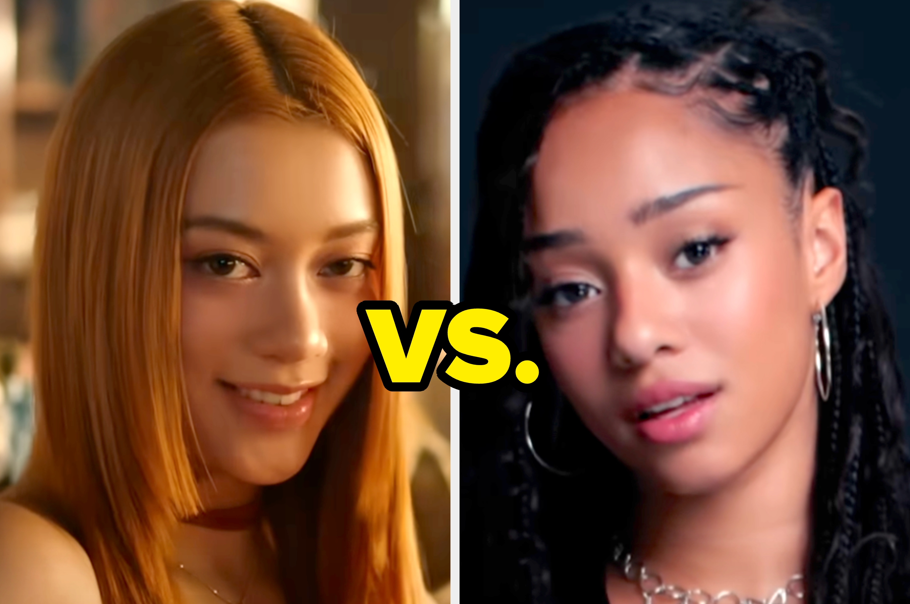 Left: A floral-decorated creamy drink on a plate. Right: A woman with elegant jewelry and makeup, looking at the camera