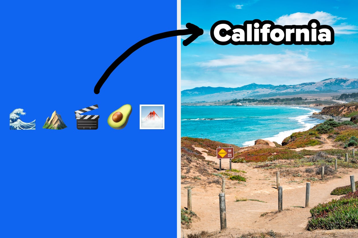 Emojis representing California (wave, mountain, movie, avocado, photos) point to a coastal landscape with hills and ocean