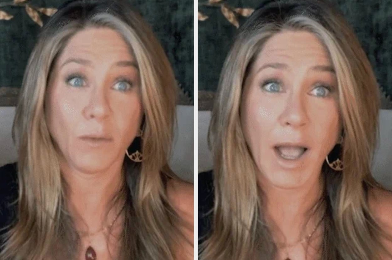 Person with long hair displayed in two similar expressions, looking surprised and speaking. Wearing drop earrings and a necklace