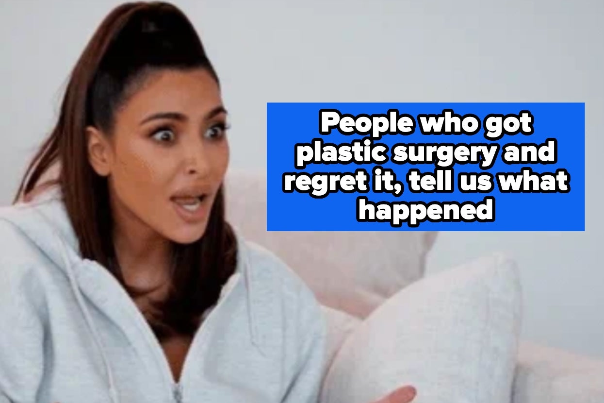 Woman in a casual zip-up jacket looking surprised; text discusses experiences of people regretting plastic surgery