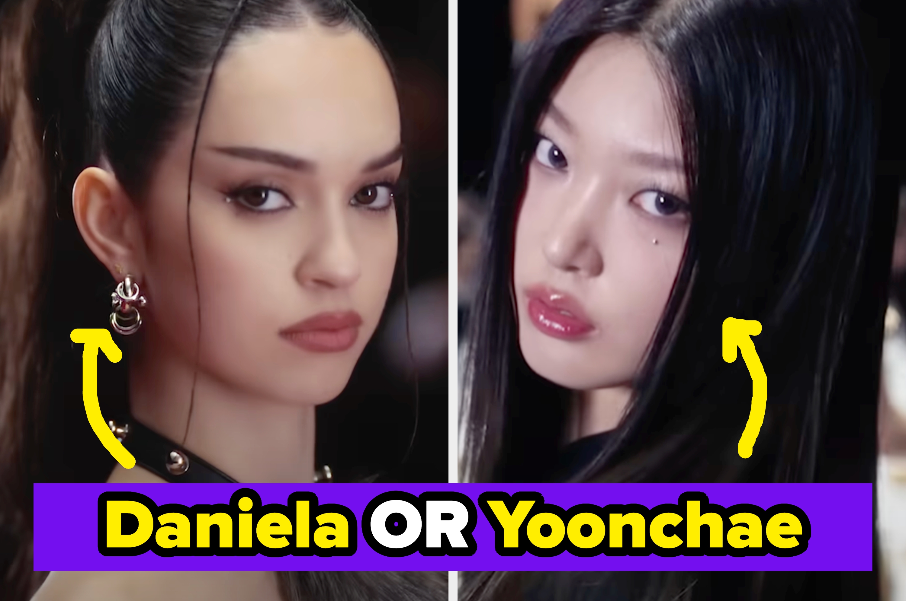 Two women with sleek hairstyles and elegant earrings. Text reads: "Which KATSEYE member are you?"