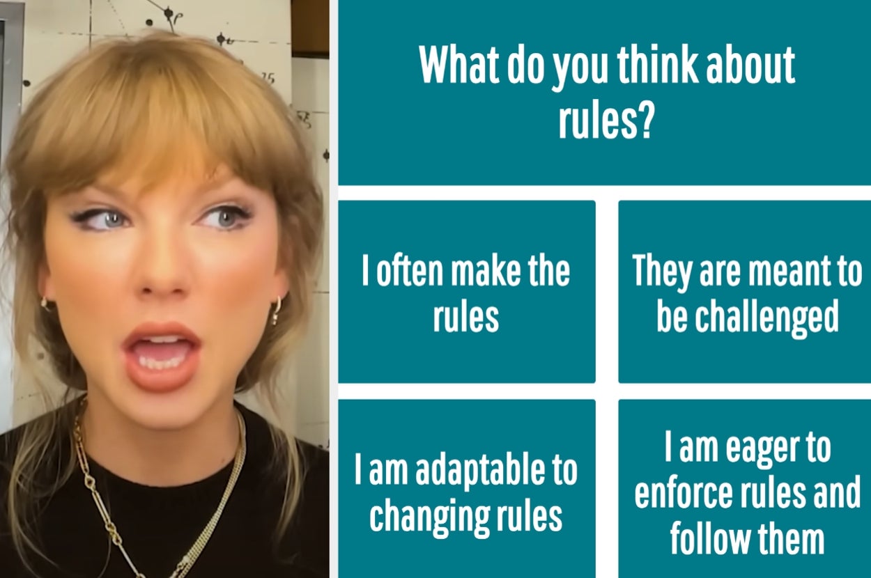 Person expressing emotions next to a survey about attitudes toward rules, with options like making, challenging, adapting to, and enforcing rules