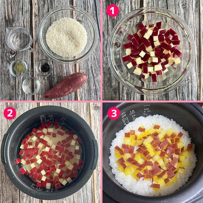さつまいもご飯の作り方。材料準備、炊飯器に入れ炊き上がりの3ステップを示す画像。
