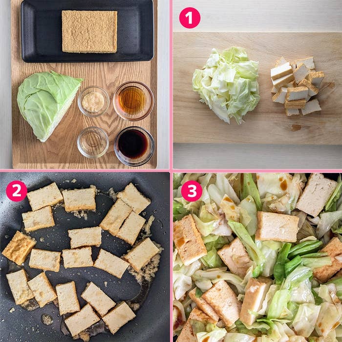 キャベツと厚揚げを使った料理の準備と調理過程を示すプロセス画像。手順1: 材料。手順2: 豆腐を炒める。手順3: 完成品。