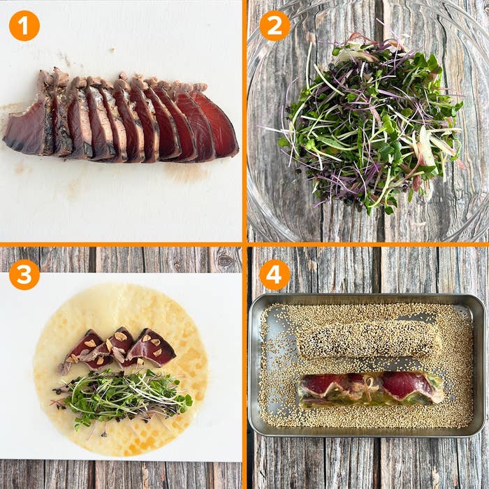 1. スライスされた刺身。
2. サラダボウルに入ったミックスリーフ。
3. 海苔と野菜を乗せたクレープ。
4. ゴマをまぶした調理前の魚。