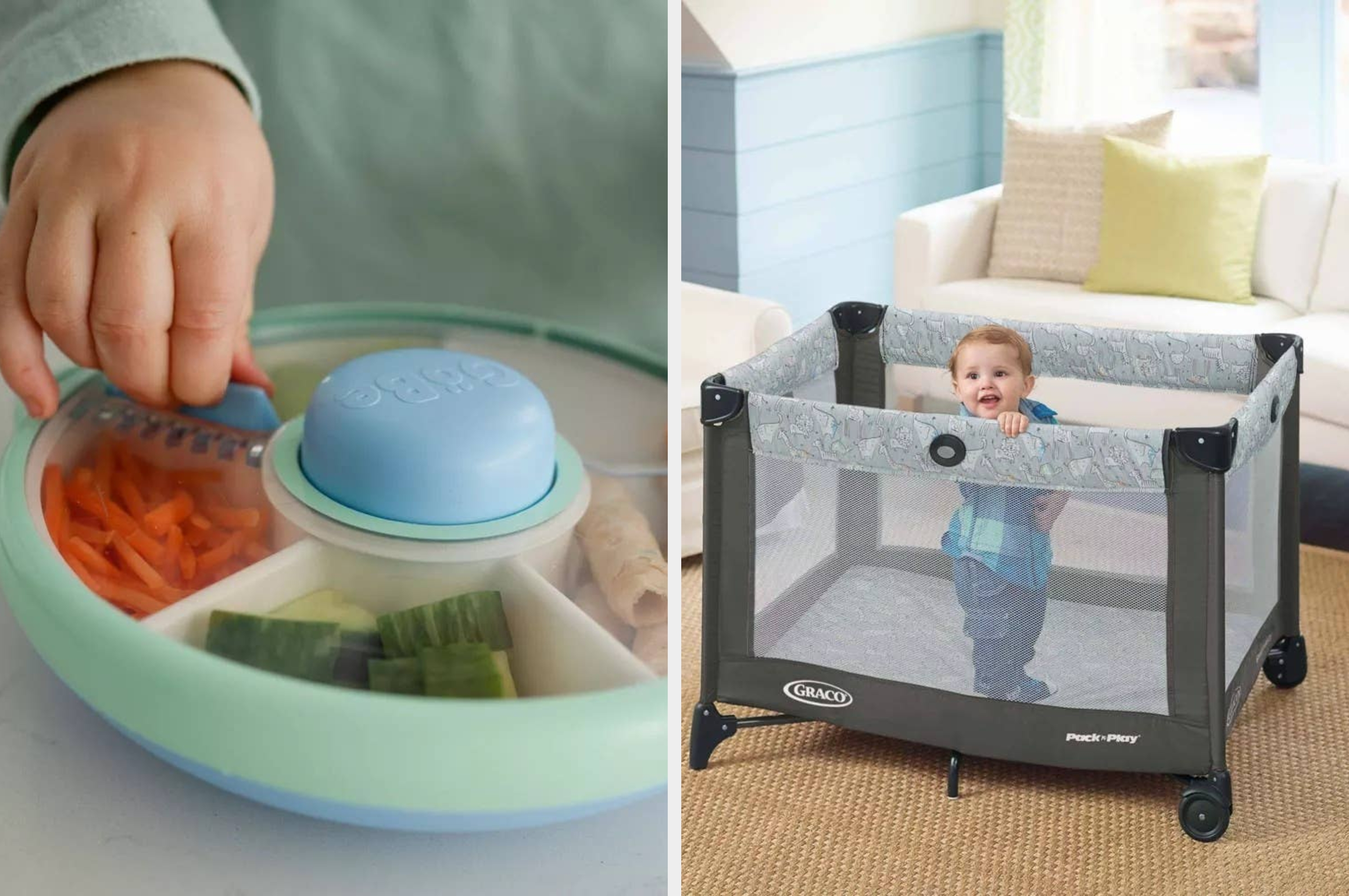 Left image: A baby smiles while standing in a playard with mesh sides. Right image: A child spins a round snack plate divided into sections with various snacks