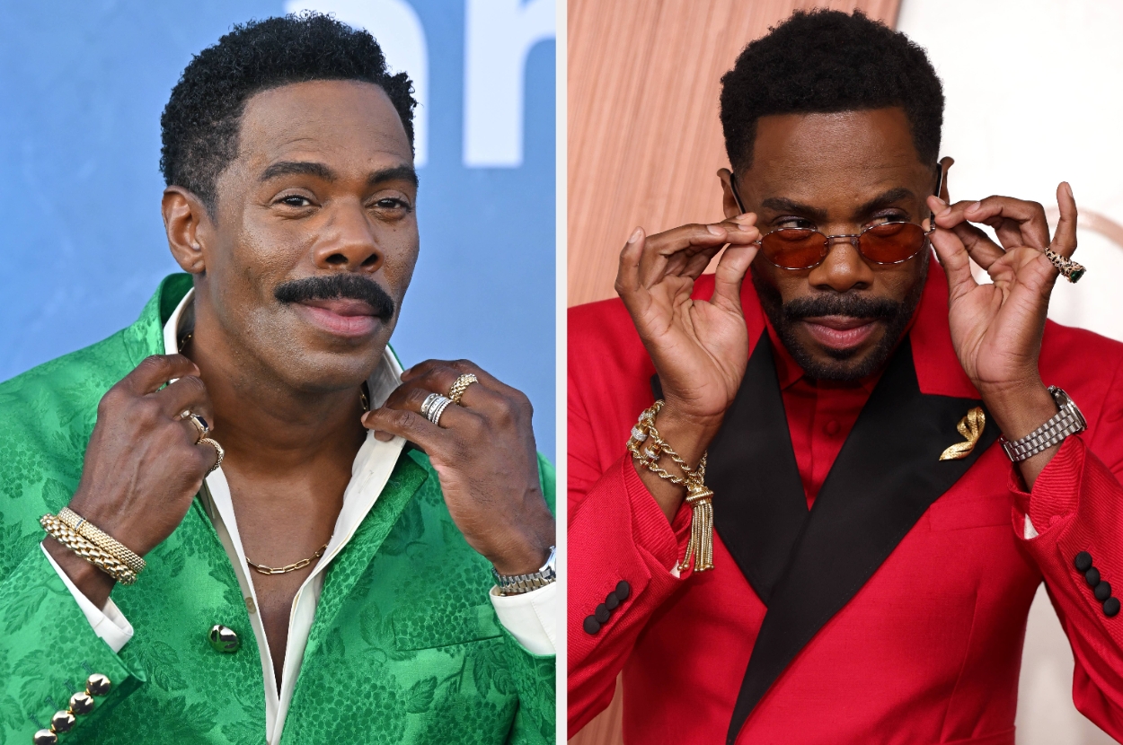 Split image of Colman Domingo wearing red and green outfits on the red carpet