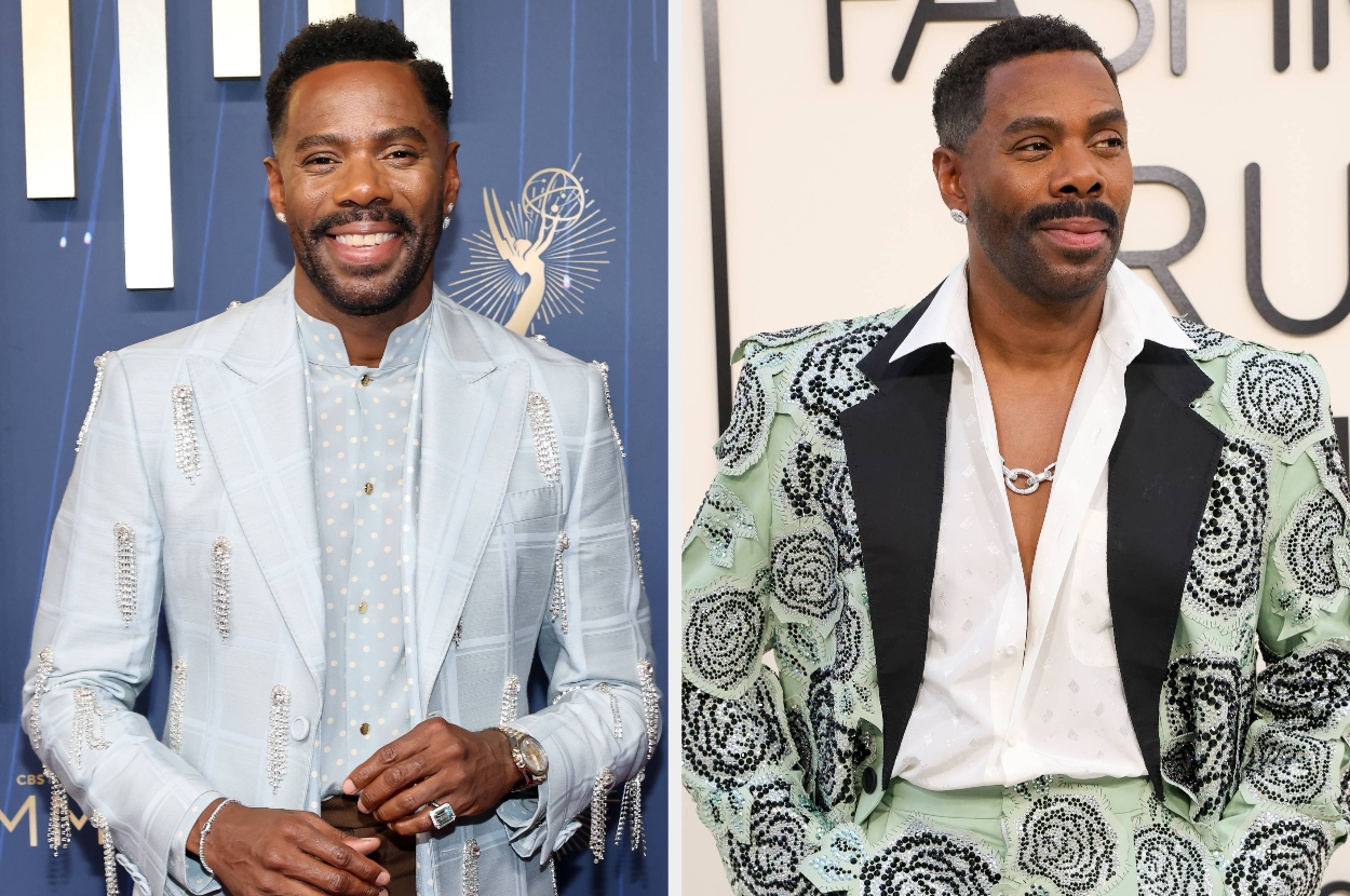 Split image of Colman Domingo on the red carpet, wearing suits with different patterns and bedazzled details