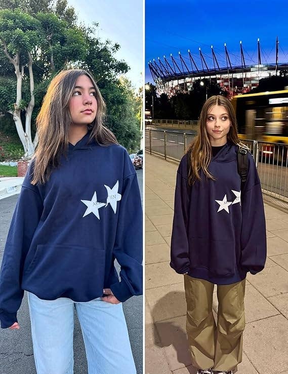 Two radical wearing oversized star-print hoodies, styled with casual jeans and cargo pants, lasting outdoors successful antithetic settings