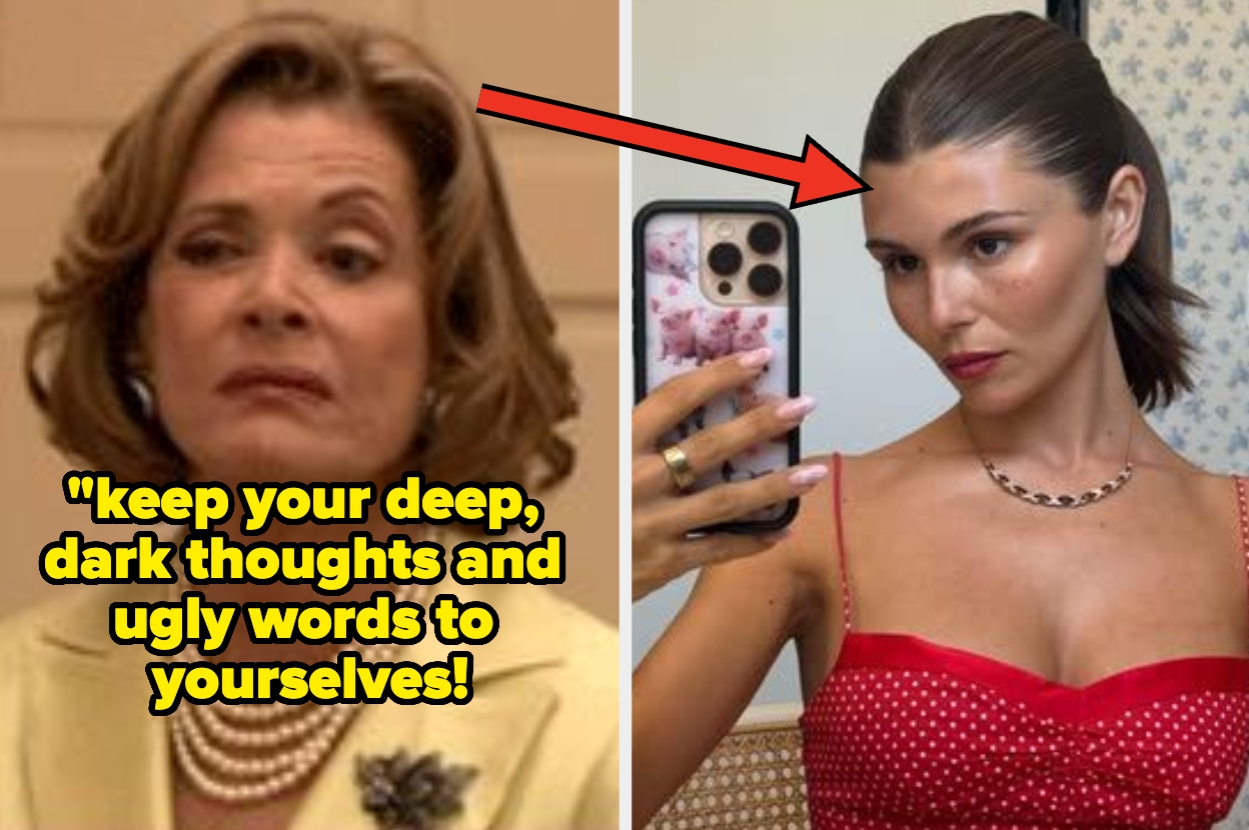 A split image with a woman on the left looking skeptical and a woman on the right taking a selfie in a red polka-dot top. Text: "Keep your deep thoughts and ugly words to yourselves!"