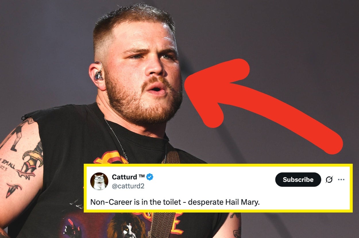 Person on stage with tattoos performing; social media post critiques them with a red arrow pointing at the person