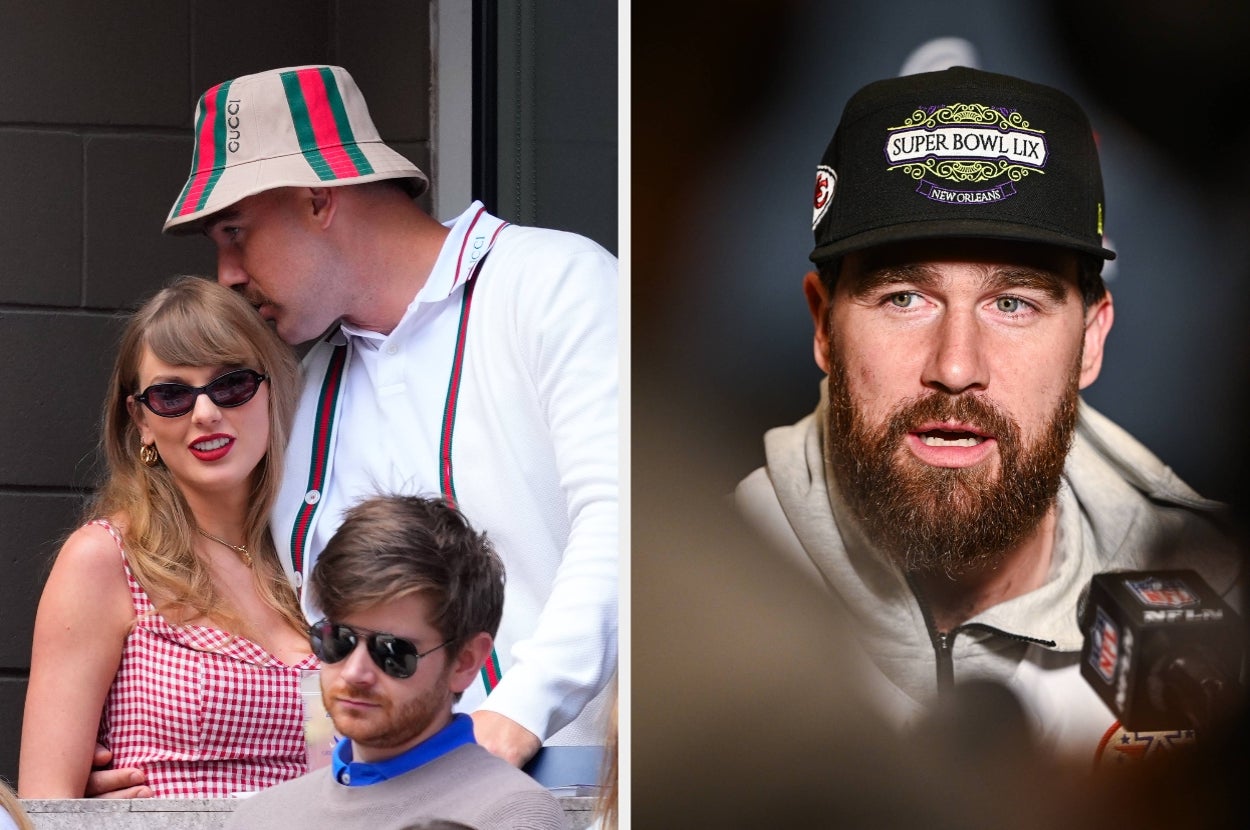 Travis Kelce kisses the top of Taylor Swift's head during an event vs Travis Kelce in a cap speaking at a press event