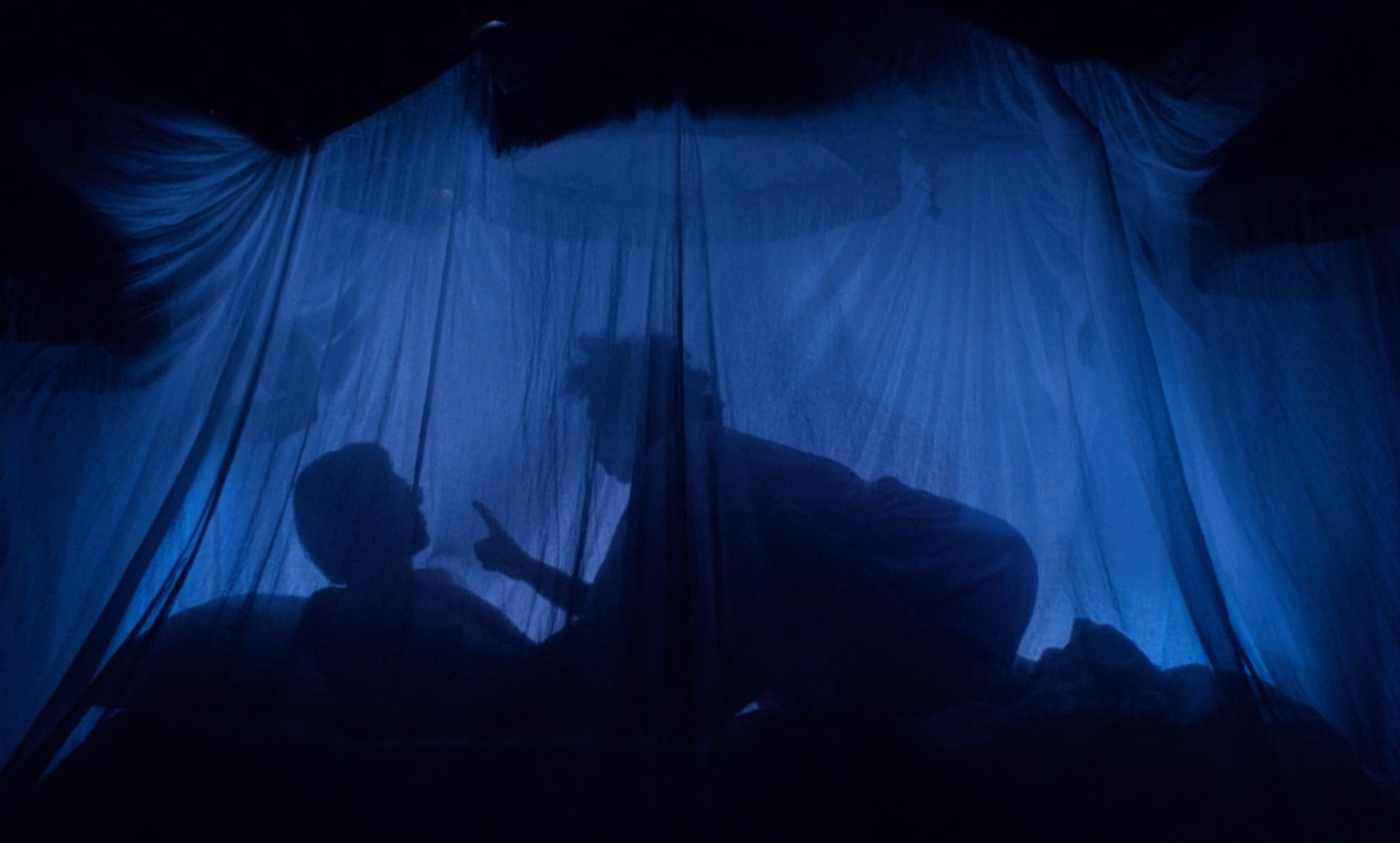 Two people silhouetted through a sheer curtain, with one person sitting up and gesturing while the other lies down, creating a dramatic scene
