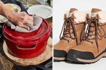 Left: Hand placing lid on a pot. Right: Pair of insulated brown boots with fur lining, ideal for winter wear
