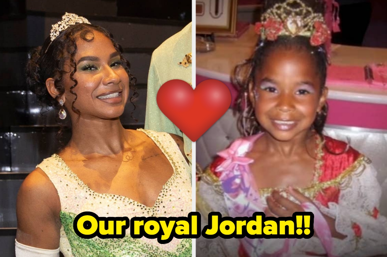 Two images of a woman and a child, both wearing tiaras and fancy dresses, with a heart between them. Text reads: "Our royal Jordan!!"