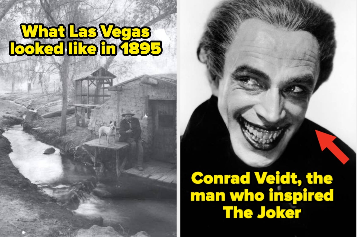 Left: Black-and-white photo of 1895 Las Vegas with a stream and buildings. Right: Black-and-white photo of actor Conrad Veidt with a sinister smile