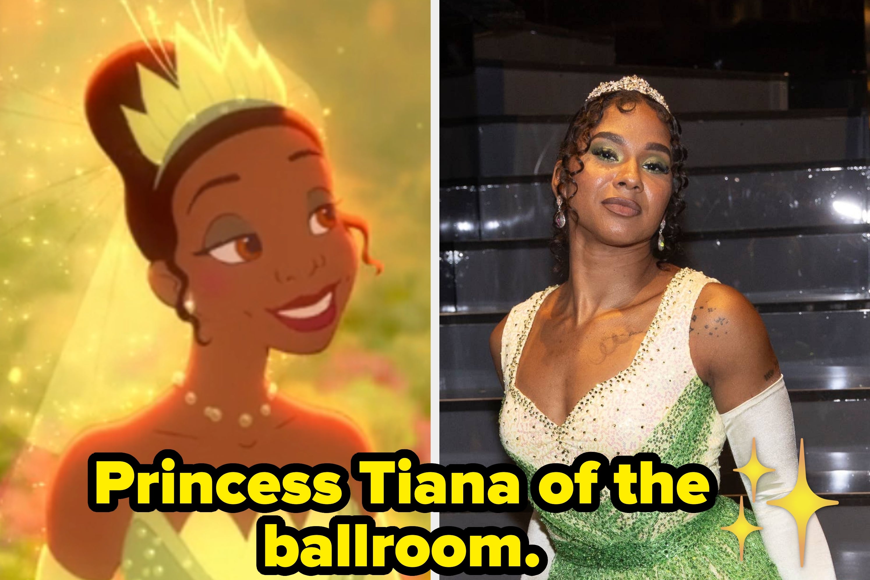 Split image: Animated Princess Tiana on the left, actress in a green ball gown on the right. Text: "Princess Tiana of the ballroom floor."