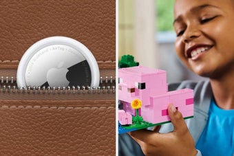 On the left, an Apple AirTag is nestled in a brown leather bag zipper. On the right, a person holds a pink pig LEGO set, smiling
