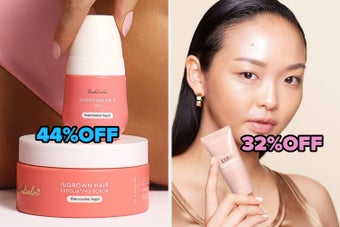 Person in swimsuit beside two skincare products, a scrub and gel. Text: 97% agreed it reduced ingrown hairs in a study with 66 participants