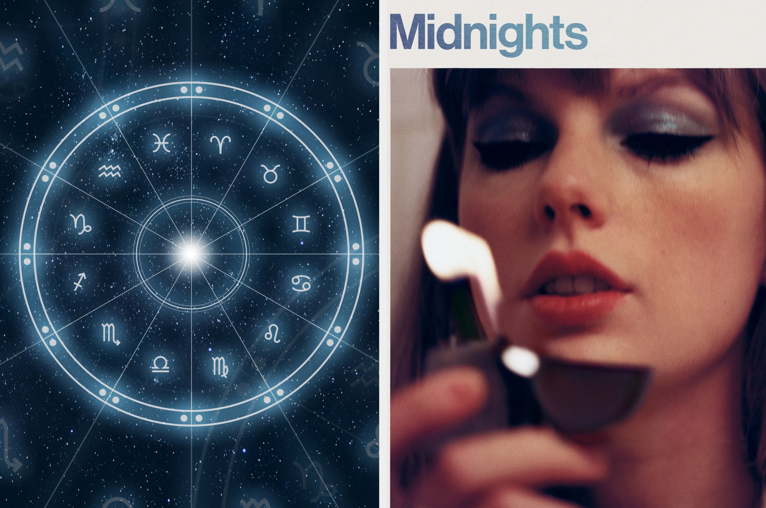 Split image: Zodiac wheel with signs on the left, woman with smokey eye makeup lighting a lighter labeled "Midnights" on the right