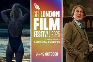 Left: Person in swimwear in water. Center: BFI London Film Festival 2025 promo. Right: Person in a brown suit, looking to the side