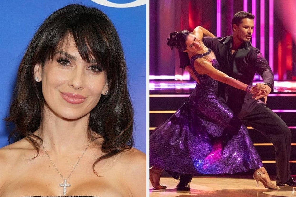 Person on left smiling in a portrait. On right, two people dancing in elegant attire on a stage under dramatic lighting