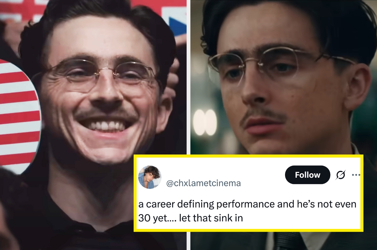Side by side of Timothée Chalamet in Marty Supreme with a tweet reading, "a career defining performance and he's. not even 30 yet.... let that sink in"