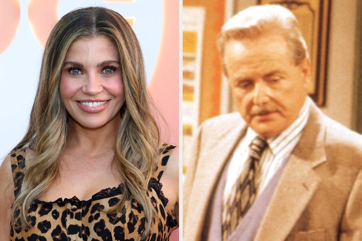 Split image of Danielle Fishel on the red carpet in a leopard dress and Daniel Williams in "Boy Meets World" wearing a suit and tie