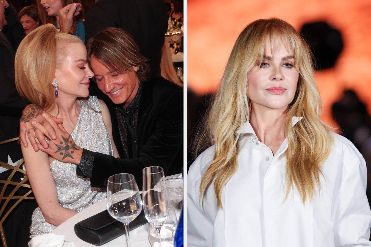 Two images: Left, a couple smiling at a formal event. Right, a woman with long hair in a casual white blouse
